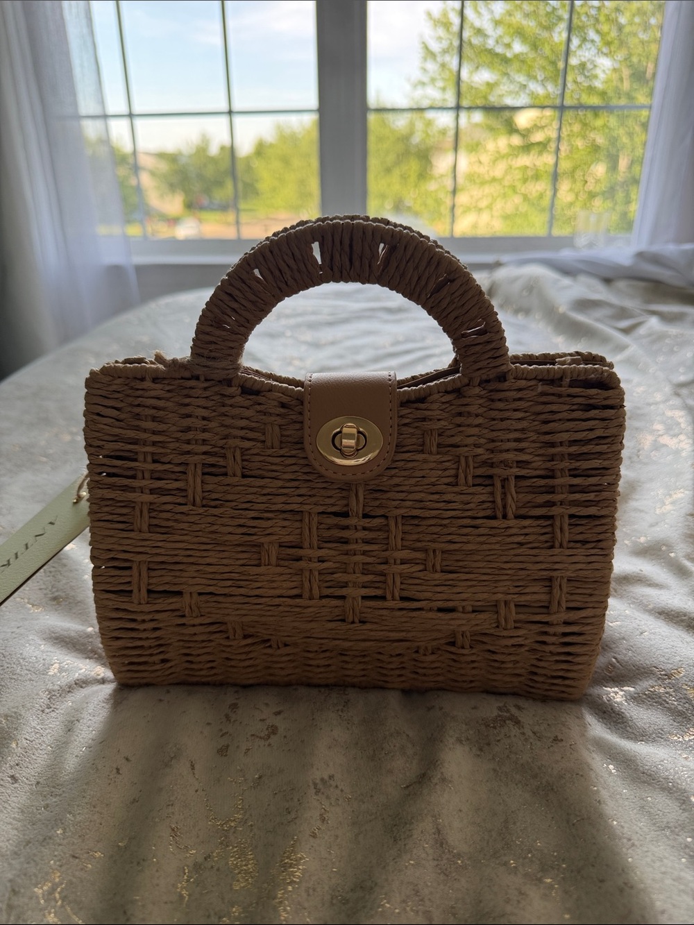 Woven Mini Top-Handle Bag in Tan - Picture 3 of 6
